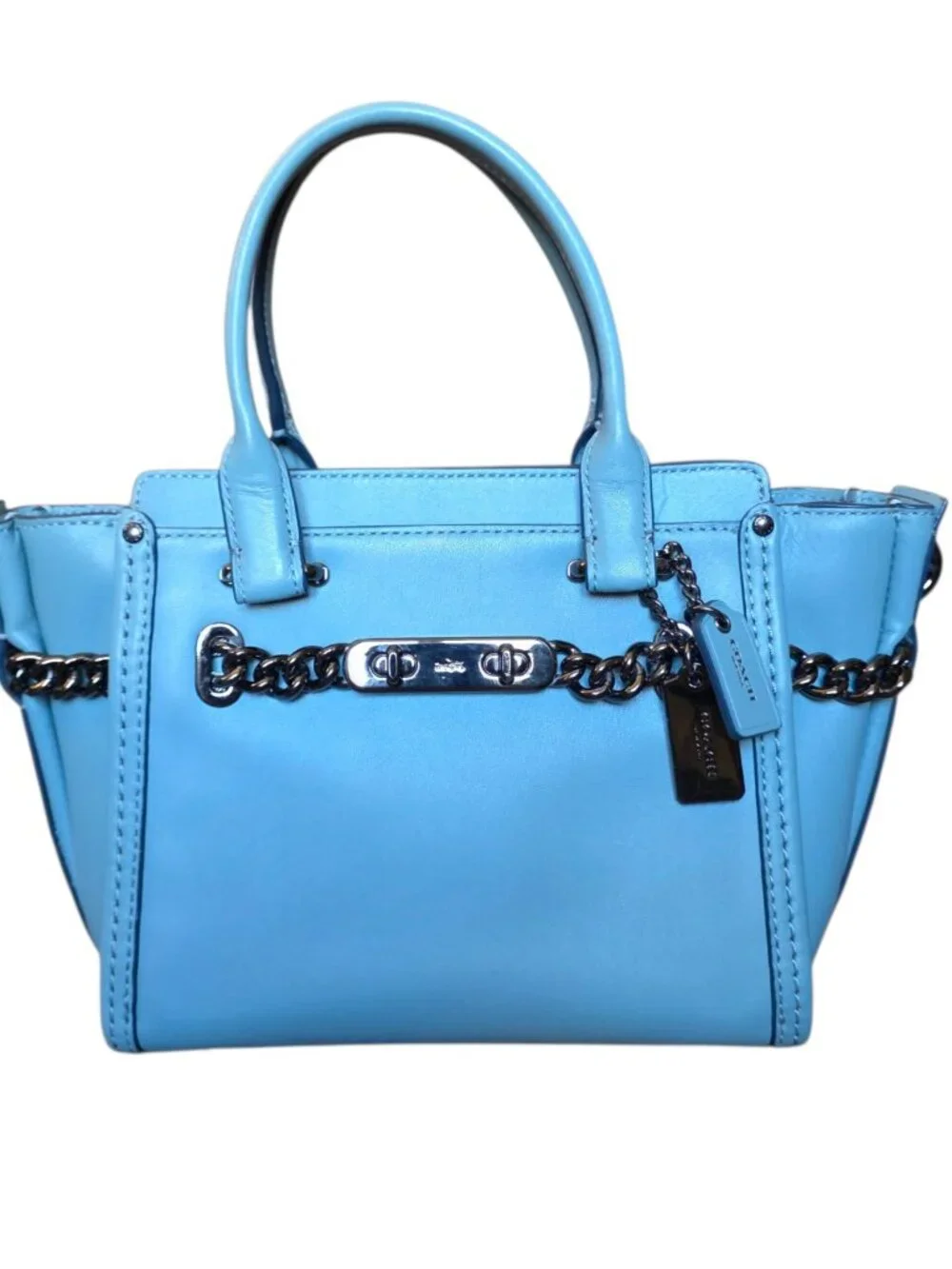 Coach Swagger 27 Cloud Blue Glovetanned Leather Satchel Chain Bag 59542 AUTH - Picture 6 of 16